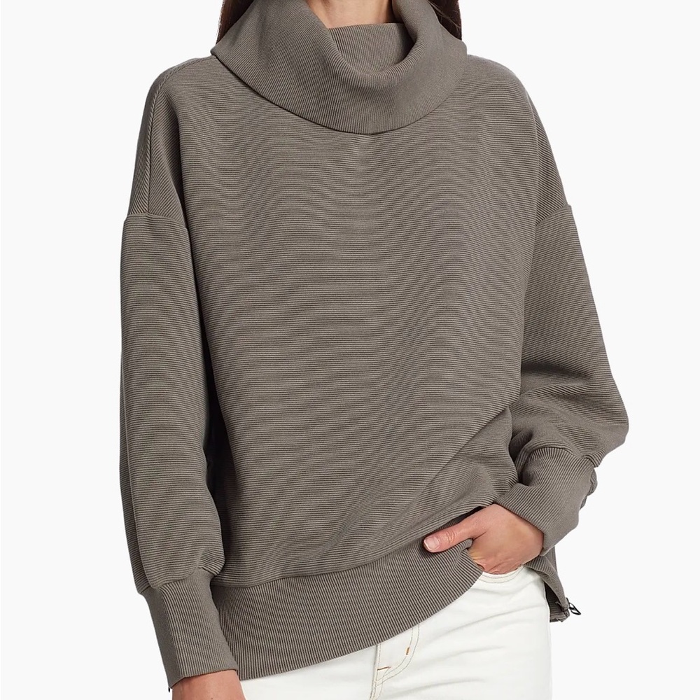 Varley Taupe Ribbed Cowl Neck Pullover with Side Zippers | XS Oversized Fit(S,M)